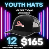 12 Richardson Youth Embroidered Hats for $165
