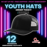 12 Richardson 112 Youth Embroidered Hats